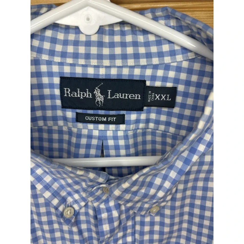 Vintage Ralph Lauren Men's XXL Blue & White Gingham Custom‎ Fit Shirt Pink Pony